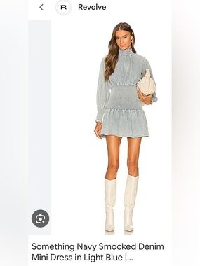 Something Navy Denim Smocked-Waist High-Neck Mini Dress